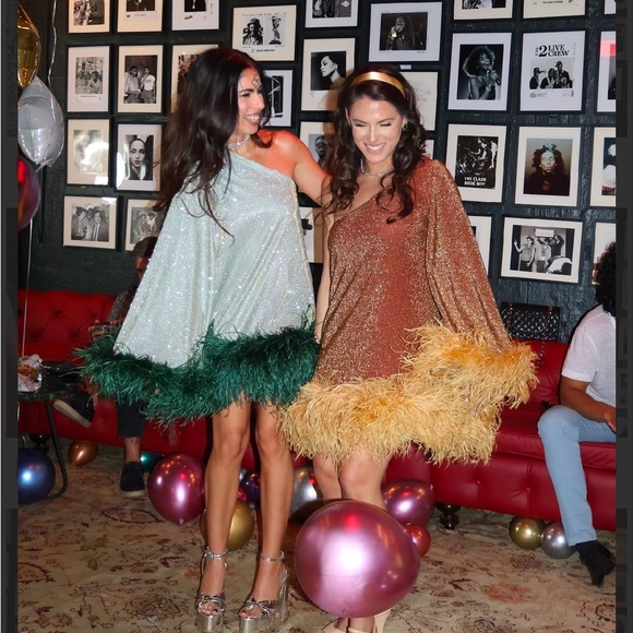 Taller marmo inspired Custom made sequin and ostrich feather mini dress- Green - Picture 4 of 5